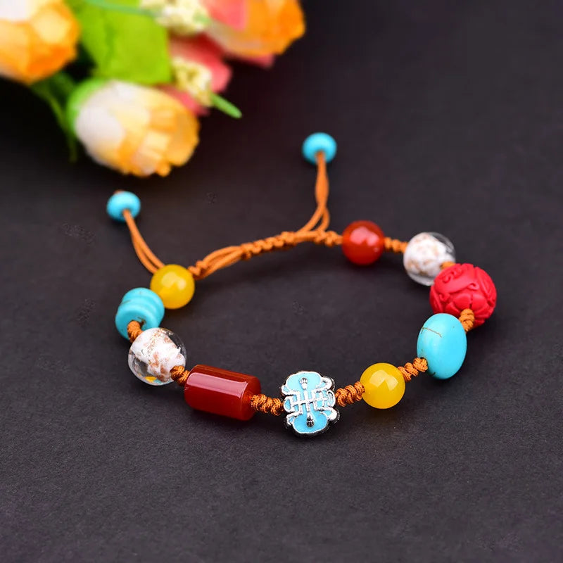 National Style Cinnabar Turquoise Bracelet Hand-knitted Amulet Bangle