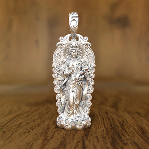 Retro Guanyin Bodhisattva 3D Pendant Silver Necklace