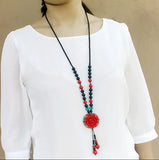 Red Wind Flower Sweater Chain Necklace with Tassels