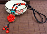 Red Wind Flower Sweater Chain Necklace with Tassels