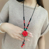 Red Wind Flower Sweater Chain Necklace with Tassels
