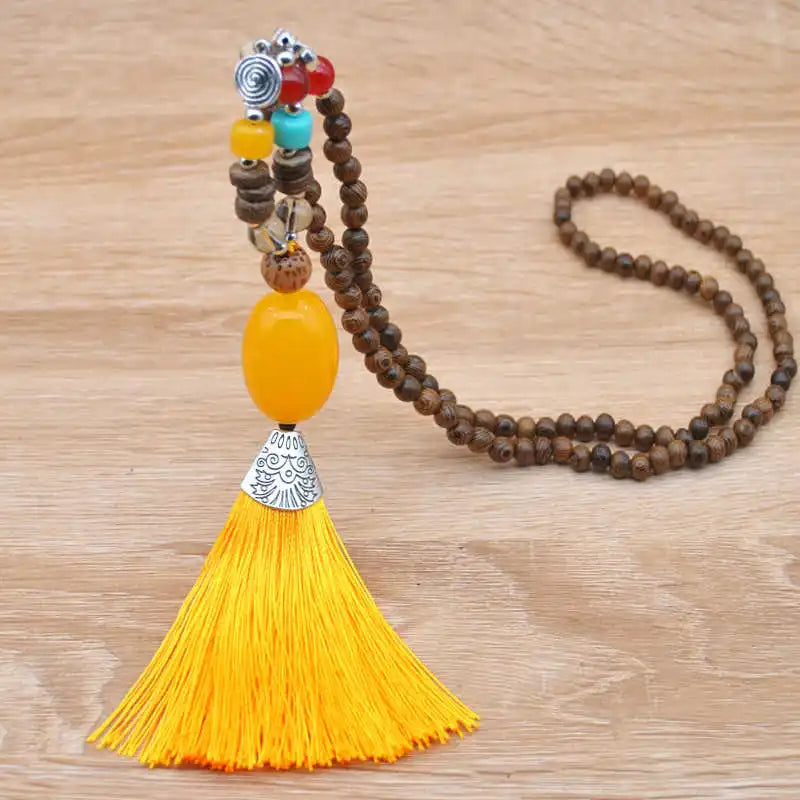 National Wind Wooden Bead Necklace with Agate Turquoise Tassel