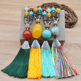 National Wind Wooden Bead Necklace with Agate Turquoise Tassel