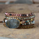 Native Inspired Leather Bracelet Labradorite Crystal 5 Strand