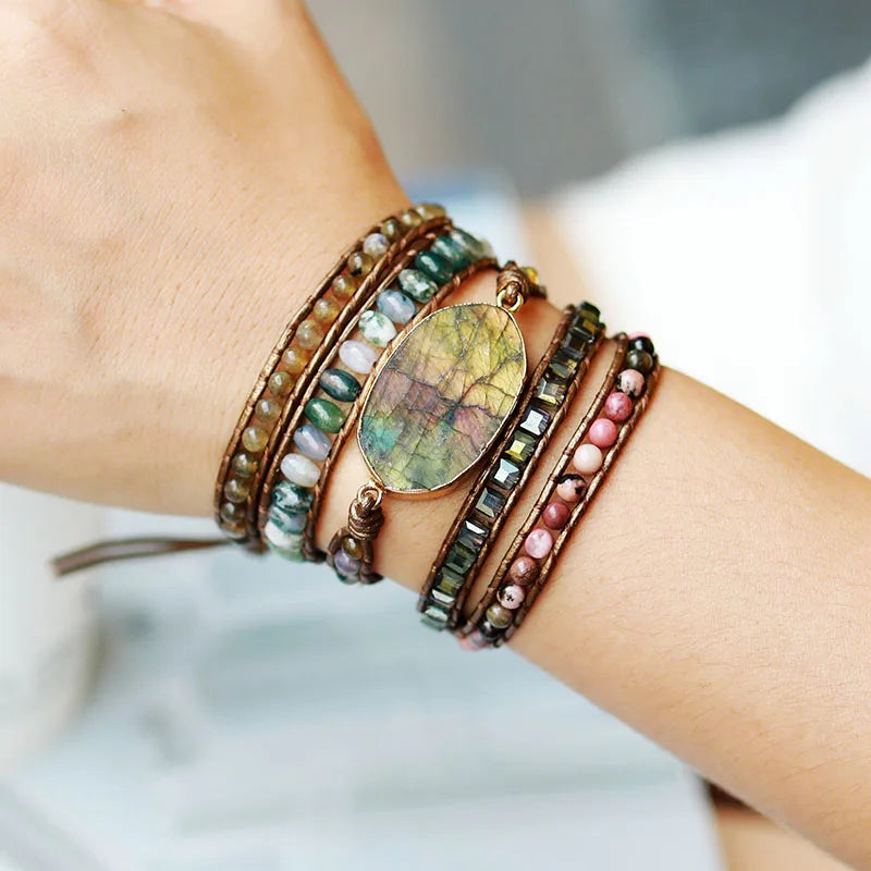 Native Inspired Leather Bracelet Labradorite Crystal 5 Strand