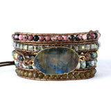 Native Inspired Leather Bracelet Labradorite Crystal 5 Strand