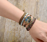 Native Inspired Leather Bracelet Labradorite Crystal 5 Strand