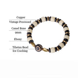 Natural Carved Animal Bone Bracelet with Ebony Spacer and Tibetan Evil Eyes Bead