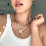 Stone Stainless Steel Jewelry Set 18k Chain Green Agate Necklace Earrings