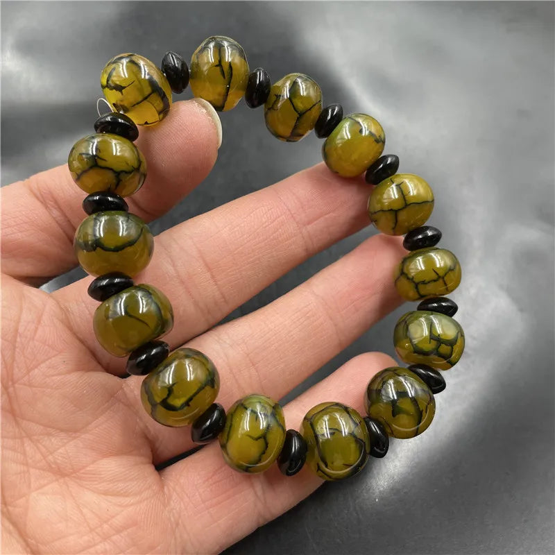 Yellow Jade Agate Dragon Pattern Bracelet for Men Women