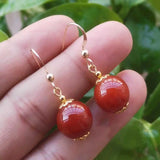 Natural 12MM Red Agate Dangle Earrings 14K Halloween Wedding Jewelry