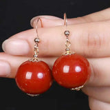 Natural 12MM Red Agate Dangle Earrings 14K Halloween Wedding Jewelry