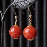 Natural 12MM Red Agate Dangle Earrings 14K Halloween Wedding Jewelry