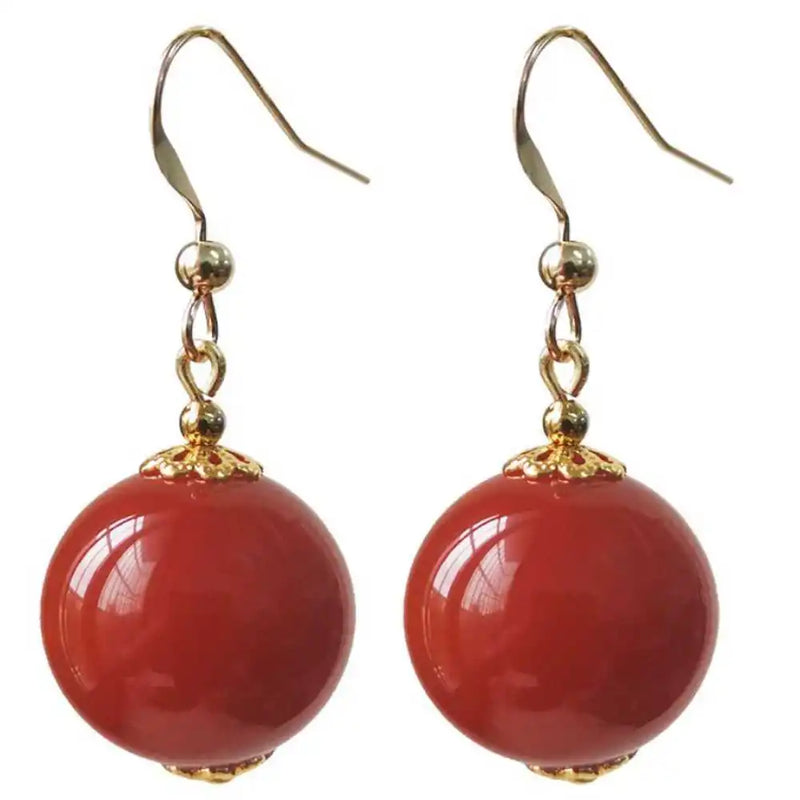 Natural 12MM Red Agate Dangle Earrings 14K Halloween Wedding Jewelry