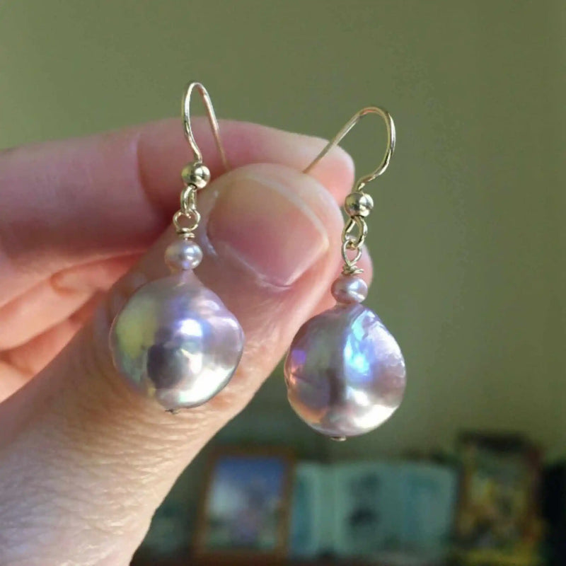 13-14mm Purple Baroque Pearl 14K Earrings - Easter Accessory
