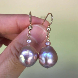 13-14mm Purple Baroque Pearl 14K Earrings - Easter Accessory