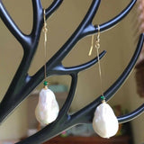 Baroque Pearl Emerald 14K Earrings, Party Hook Ear Studs
