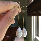Baroque Pearl Emerald 14K Earrings, Party Hook Ear Studs