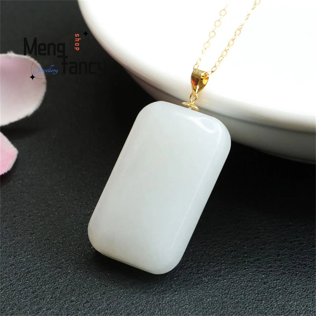 18k Inlaid Hetian Sheepskin Jade Square Wushi Necklace Pendant Charm