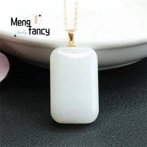 18k Inlaid Hetian Sheepskin Jade Square Wushi Necklace Pendant Charm
