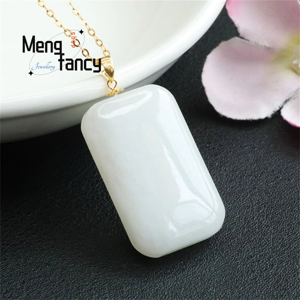 18k Inlaid Hetian Sheepskin Jade Square Wushi Necklace Pendant Charm