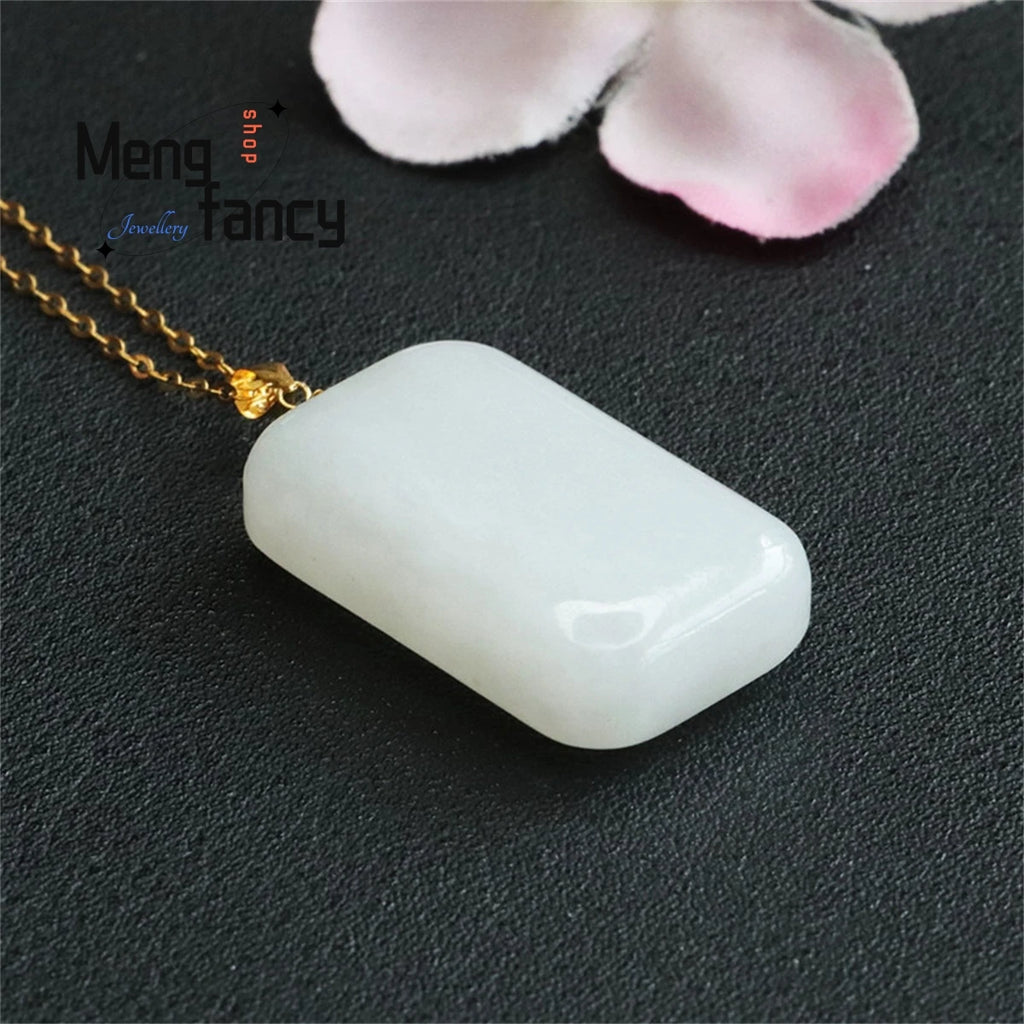 18k Inlaid Hetian Sheepskin Jade Square Wushi Necklace Pendant Charm
