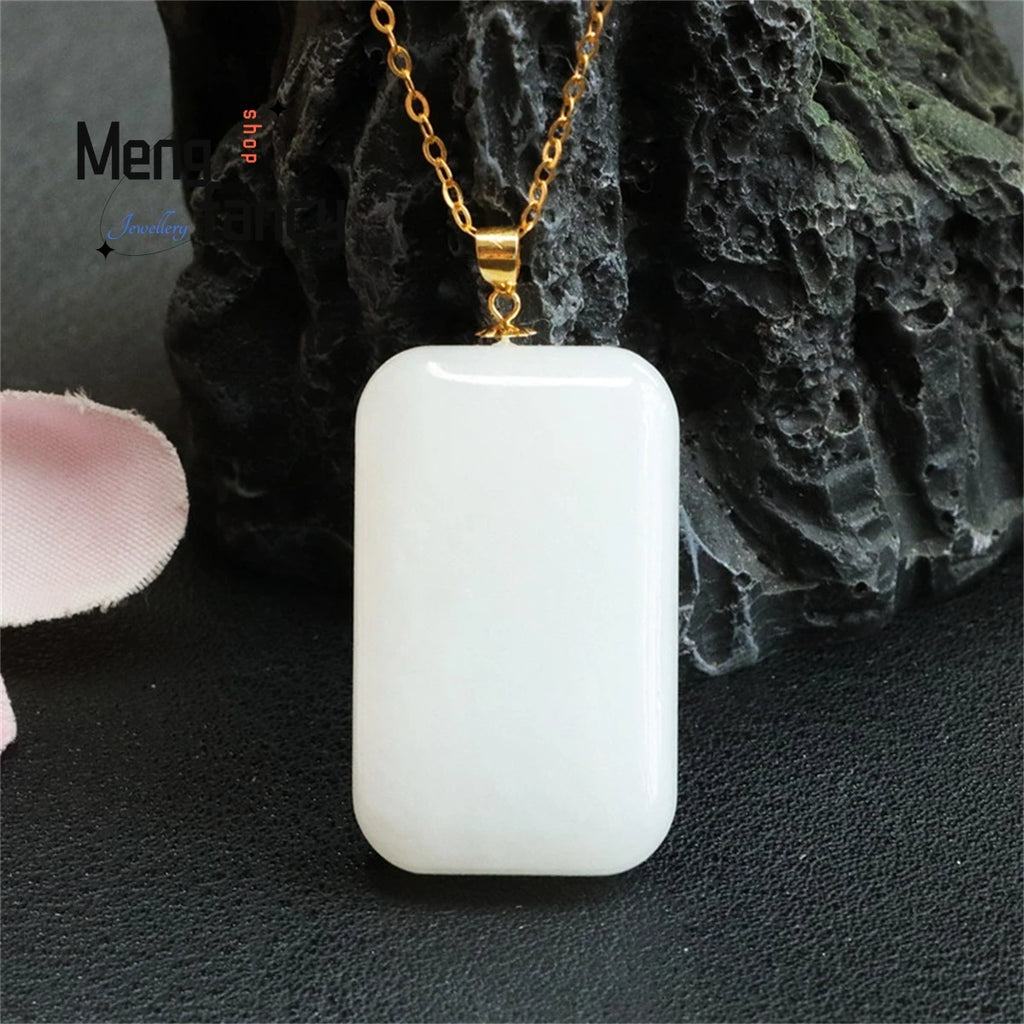 18k Inlaid Hetian Sheepskin Jade Square Wushi Necklace Pendant Charm