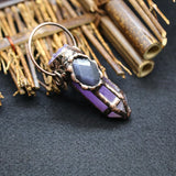 Hexagonal Rose Amethyst Quartz Stone Pendant with Cluster Cap and Oval Eyes Bead