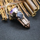 Hexagonal Rose Amethyst Quartz Stone Pendant with Cluster Cap and Oval Eyes Bead