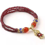 3Row Garnet Jade Pixiu Charm Bangle Women Healing Jewelry Bracelet