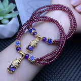 3Row Garnet Jade Pixiu Charm Bangle Women Healing Jewelry Bracelet