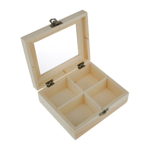 4 Grids Unpainted Wood Jewelry Storage Box Case With Glass Lid