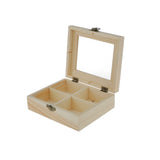 4 Grids Unpainted Wood Jewelry Storage Box Case With Glass Lid