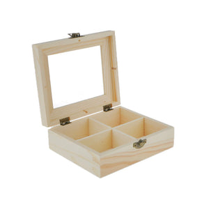 4 Grids Unpainted Wood Jewelry Storage Box Case With Glass Lid