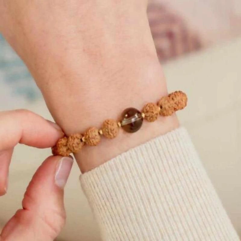 6mm Brown Rudraksha 10mm Smoky Quartz Bracelet 14K Chain Seven Chakras