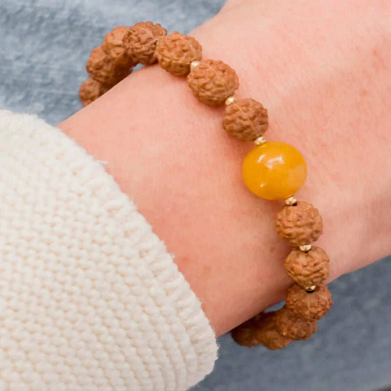 6mm Brown Rudraksha 10mm Yellow Calcite 14K Fill Bracelet Taseel Calming