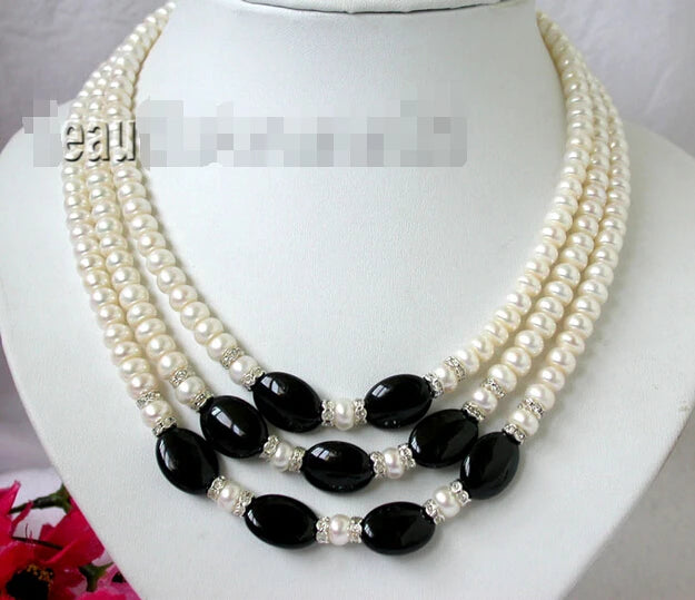 3Strands Freshwater Pearl Jade Necklace 7-8mm