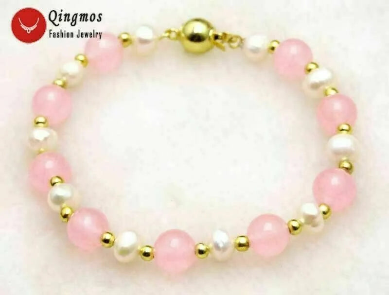 Akoya Pearl & Pink Quartz Beads Bracelet 7.5''