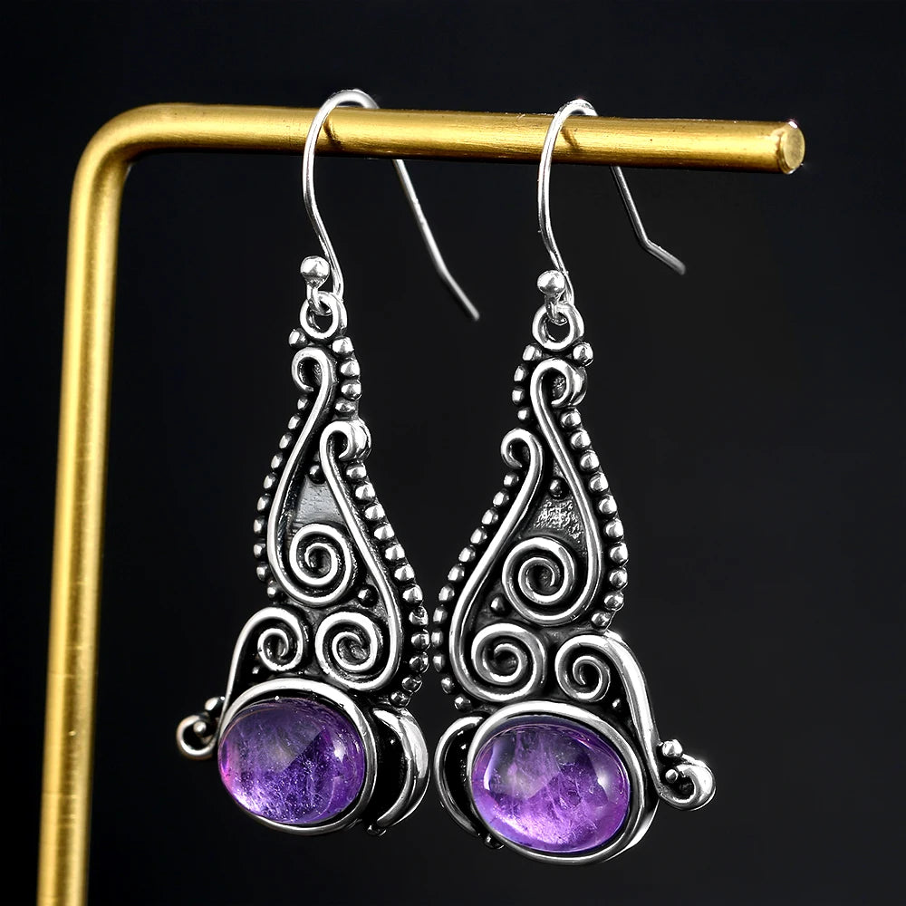 Vintage Ethnic Style 8*10MM Amethyst Drop Earrings 925 Sterling Silver Fine Gift