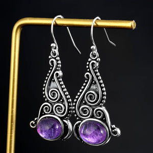 Vintage Ethnic Style 8*10MM Amethyst Drop Earrings 925 Sterling Silver Fine Gift