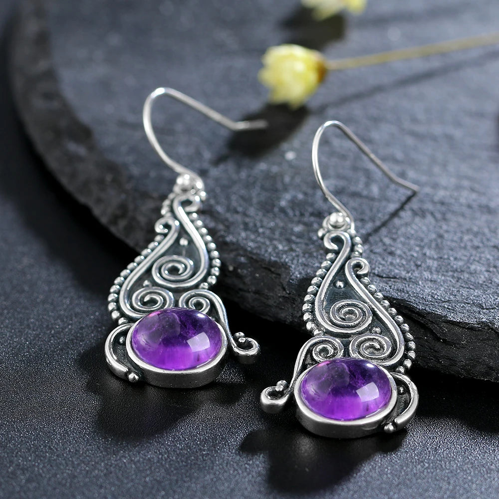Vintage Ethnic Style 8*10MM Amethyst Drop Earrings 925 Sterling Silver Fine Gift
