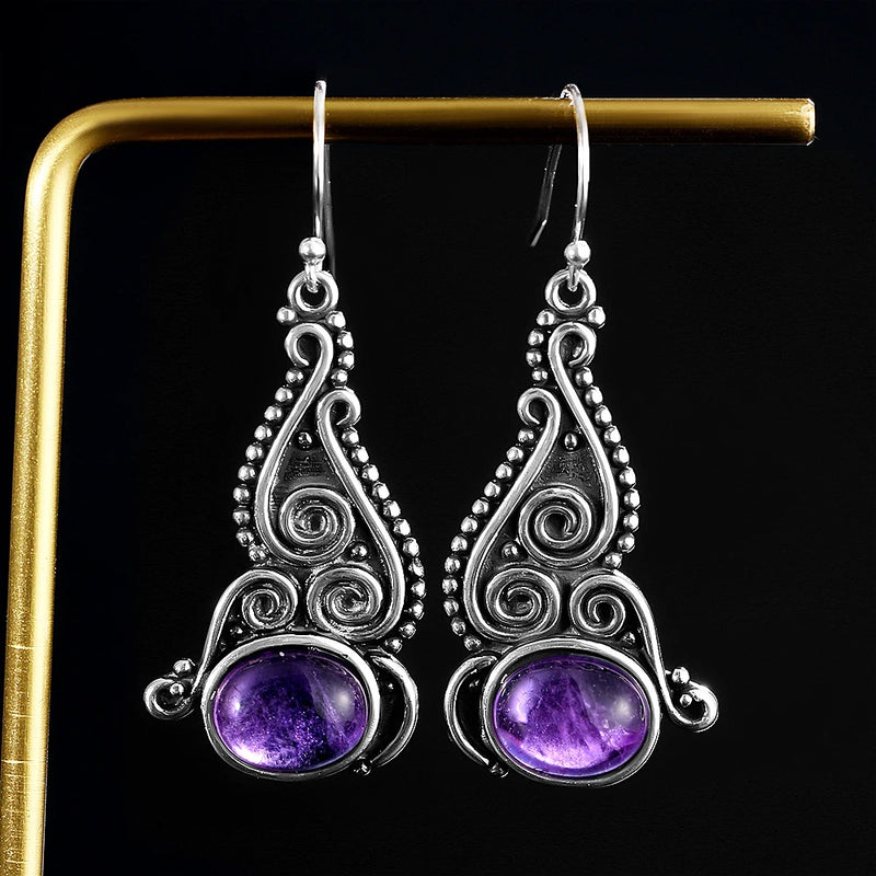 Vintage Ethnic Style 8*10MM Amethyst Drop Earrings 925 Sterling Silver Fine Gift