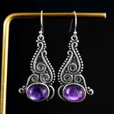 Vintage Ethnic Style 8*10MM Amethyst Drop Earrings 925 Sterling Silver Fine Gift