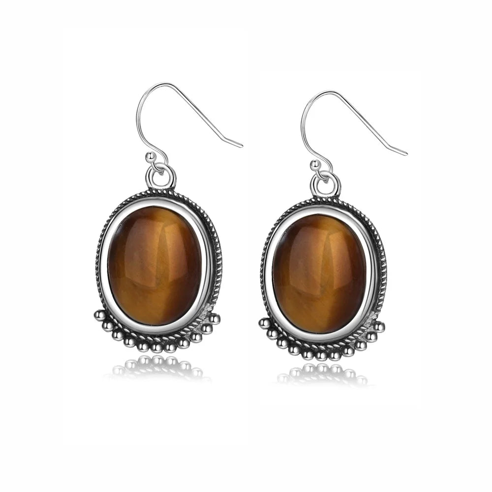 Tiger's Eye Stone Earrings S925 Sterling Silver Vintage Rhodochrosite Earrings