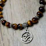 OM Charm Tiger Eye Beaded Bracelet, Yoga Strand, Stretch Elastic Bracelet