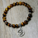 OM Charm Tiger Eye Beaded Bracelet, Yoga Strand, Stretch Elastic Bracelet