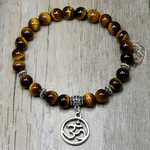 OM Charm Tiger Eye Beaded Bracelet, Yoga Strand, Stretch Elastic Bracelet