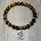 OM Charm Tiger Eye Beaded Bracelet, Yoga Strand, Stretch Elastic Bracelet