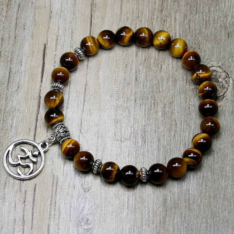 OM Charm Tiger Eye Beaded Bracelet, Yoga Strand, Stretch Elastic Bracelet