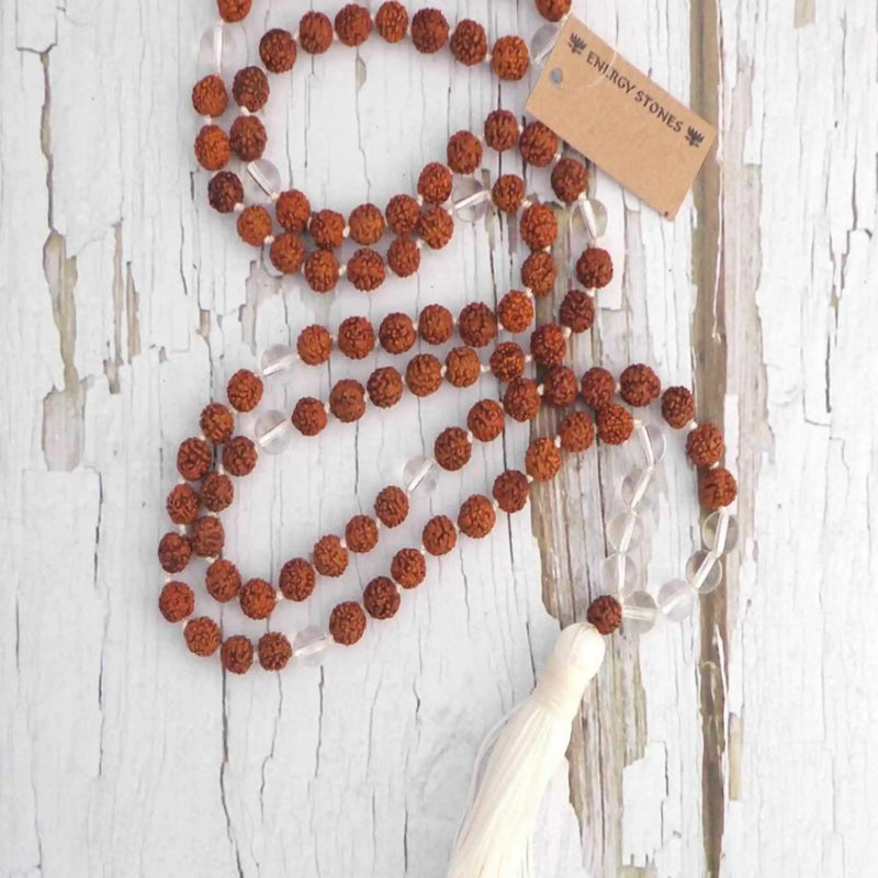 8mm Brown Rudraksha Clear Quartz Beads Necklace 108 Knot Calming Restore